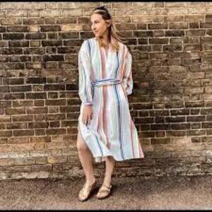 Lemlem x H&M Women's Sz S Colorful Kaftan Colab Striped Belted V-Neck Maxi Dress